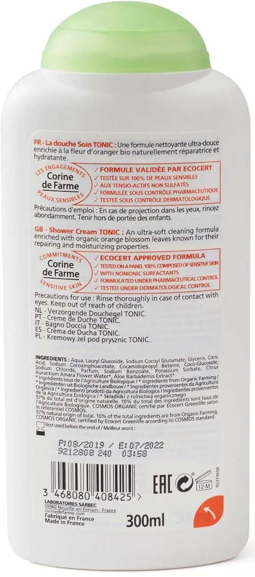 Гель-крем для душу Corine De Farme Bio Organic Tonic квітка апельсинового дерева, 300 мл