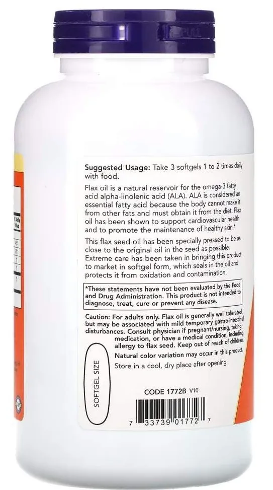 Лляна олія NOW Flax Oil 1000 мг м'які капсули №250