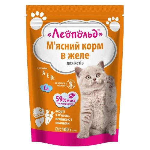 Консервы для кошек Леопольд 1679 Мясное ассорти с печенью и овощами в желе, 100 г пауч
