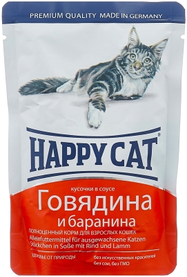 Корм влажный Happy Cat для кошек с говядиной и бараниной кусочки в соусе, 100 г