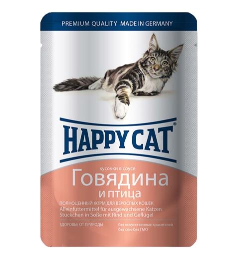 Корм влажный Happy Cat для кошек с говядиной и птицей кусочки в соусе, 100 г
