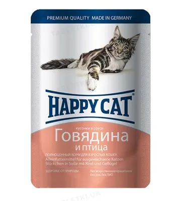 Корм вологий Happy Cat для кішок з яловичиною та птицею шматочки в соусі, 100 г