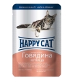 Корм влажный Happy Cat для кошек с говядиной и птицей кусочки в соусе, 100 г