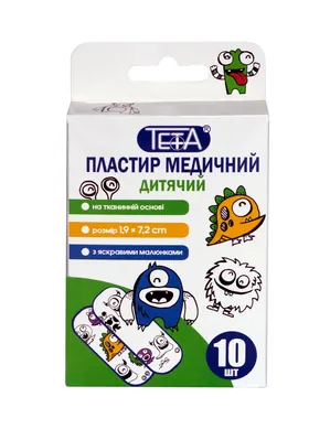 Пластир бактерицидний Teta Дитячий з яскравими малюнками на тканій основі 1,9 см х 7,2 см, 10 штук