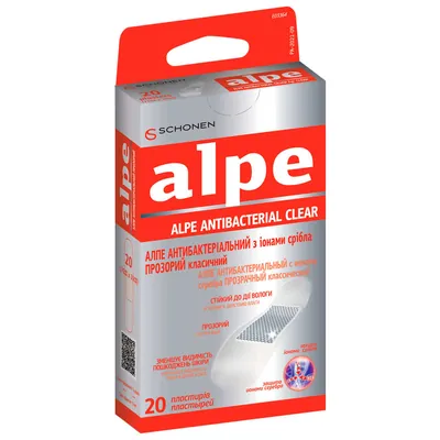 Пластир медичний Alpe Antibacterial Clear антибактеріальний з іонами срібла, прозорий класичний 76 мм х 19 мм, 20 штук