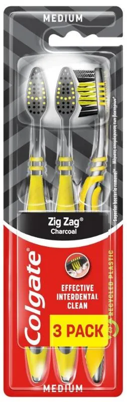 Зубна щітка Colgate Zig Zag Charcoal Зиг Заг Деревне вугілля, середньої жорсткості, 3 шт