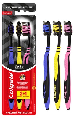 Зубная щетка Colgate Зиг Заг Древесный уголь, средней жесткости, 2+1 шт