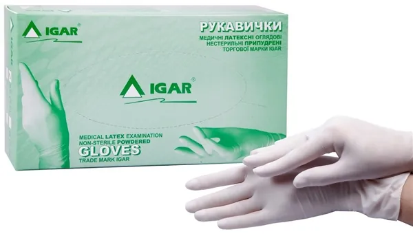 Рукавички оглядові IGAR латексні з пудрою нестерильні, розмір S, пара
