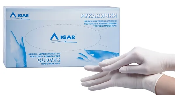 Рукавички оглядові IGAR латексні без пудри нестерильні, розмір L, пара
