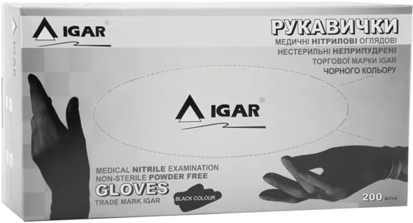 Рукавички оглядові IGAR нітрилові без пудри нестерильні, чорні, розмір L, пара
