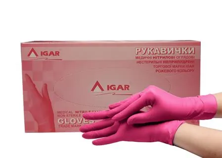 Рукавички оглядові IGAR нітрилові без пудри нестерильні, рожеві, розмір M, пара