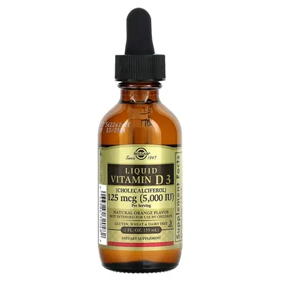 Вітамін Д3 Solgar Liquid Vitamin D3 (Cholecalciferol) 125 мкг (5000 МО) смак апельсину, 59 мл