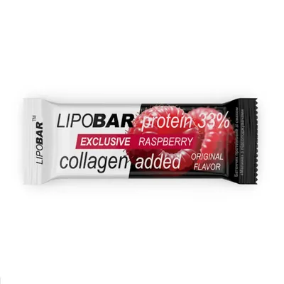 Батончик протеїновий Lipobar Exclusive 33% протеїну, з додаванням колагену, малина, 50 г