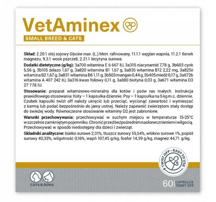 Мультивітамінний комплекс VetExpert VetAminex Small Breed & Cat для дрібних собак та котів, 60 капсул