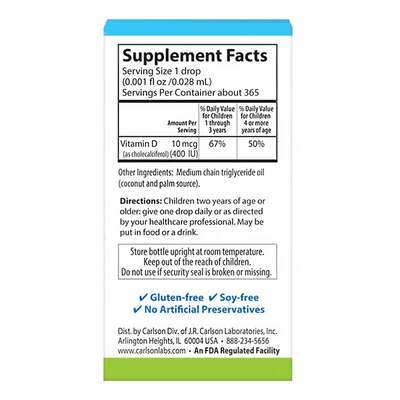 Витамин D3 для детей Carlson Labs Kid's Super Daily Vitamin D3 400 МЕ, 10.3 мл