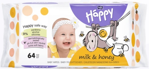 Салфетки влажные Happy Bella Baby Milk & Honey детские, 64 шт