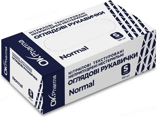 Рукавички оглядові OK Pharma Normal нітрилові без пудри, текстуровані, нестерильні, розмір S, пара