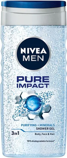 Гель для душу чоловічий Nivea Men 3-в-1 Pure Impact для тіла, обличчя та волосся, 250 мл