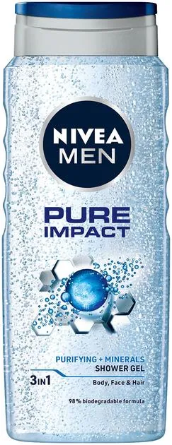 Гель для душу чоловічий Nivea Men 3-в-1 Pure Impact для тіла, обличчя та волосся, 500 мл