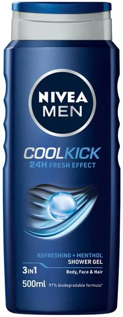 Гель для душу чоловічий Nivea Men 3-в-1 Cool Kick для тіла, обличчя та волосся, 500 мл