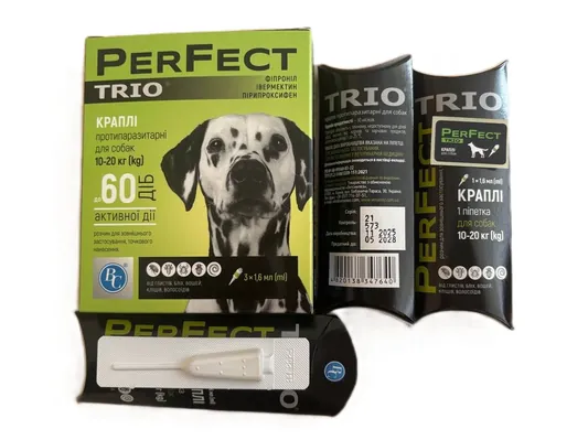 Краплі від бліх та кліщів Perfect Trio для собак 10-20 кг, 1 піпетка по 1,6 мл