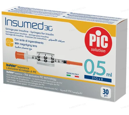 Шприц інсуліновий 0,5 мл Insumed 31G (0,25 х 8 мм), 30 штук