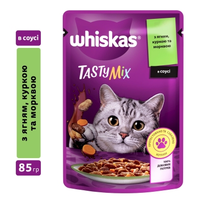 Корм влажный Whiskas для взрослых кошек с ягненком, курицей и морковью в соусе, 85 г
