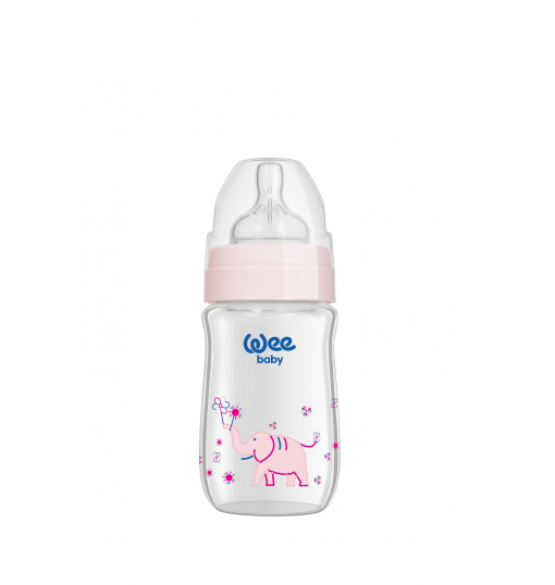 Бутылочка для кормления Wee Baby Classic Plus стеклянная термостойкая с широким горлышком, силиконовая соска №1, 180 мл