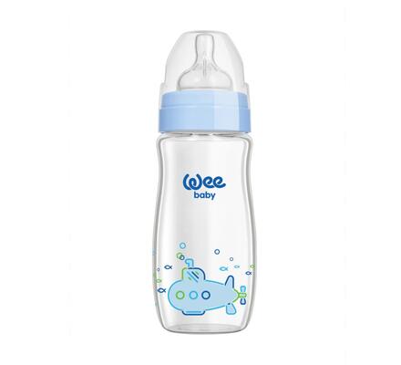 Бутылочка для кормления Wee Baby Classic Plus стеклянная термостойкая с широким горлышком, силиконовая соска №1, 280 мл