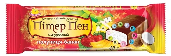 Батончик Пітер Пен кокосовий вітамінізований у шоколадній глазурі Полуниця-Банан, 40 г