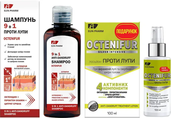 Комлекс Elfa Pharm Octenifur проти вираженої лупи Шампунь 200 мл + Лосьон 100 мл