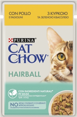 Корм влажный для кошек Purina Cat Chow Hairball для выведения шерсти с курицей и зеленой фасолью в желе, 85 г