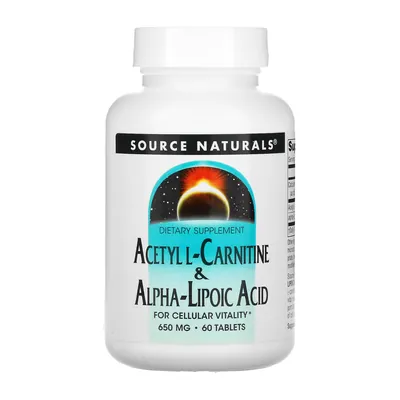 Ацетил L-Карнітин + Альфа-ліпоєва кислота Source Naturals Acetyl L-Carnitine & Alpha-Lipoic Acid 650 мг, 60 таблеток