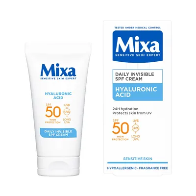 Крем Mixa Daily Invisible SPF щоденний з гіалуроновою кислотою для сухої та чутливої шкіри обличчя з SPF50, 50 мл