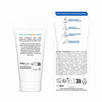 Крем Mixa Daily Invisible SPF щоденний з гіалуроновою кислотою для сухої та чутливої шкіри обличчя з SPF50, 50 мл