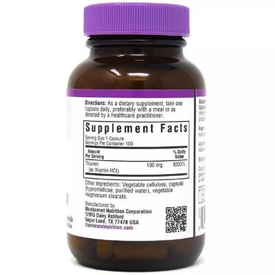 Витамин B1 100 мг Bluebonnet Nutrition, 100 капсул