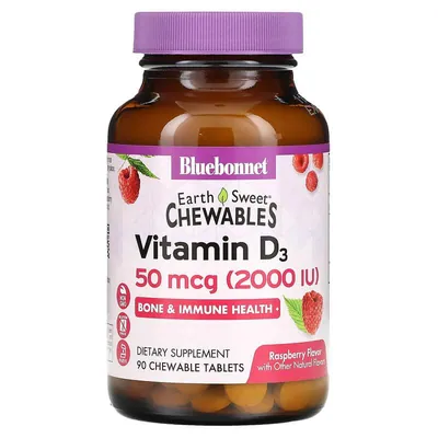 Вітамін D3 2000IU Bluebonnet Nutrition Earth Sweet Chewables, смак малини жувальні таблетки №90