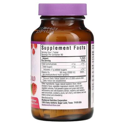 Витамин D3 2000IU Bluebonnet Nutrition Earth Sweet Chewables, вкус малины жевательные таблетки №90