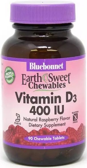 Витамин D3 400IU Bluebonnet Nutrition Earth Sweet Chewables, вкус малины жевательные таблетки №90