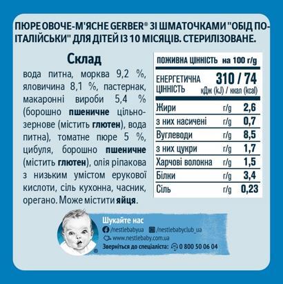 Пюре мясо-овощное Gerber Обед для малыша, по-итальянски, 190 г