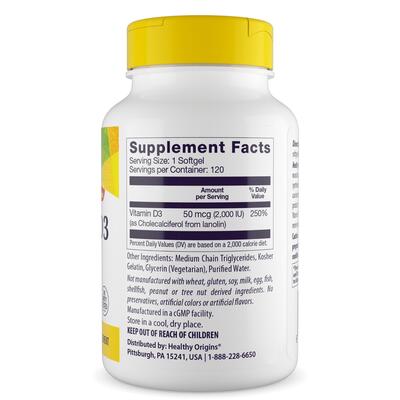 Вітамін D3 в олії МСТ Healthy Origins Vitamin D3 in MCT Oil 2000 МО, 120 гелевих капсул