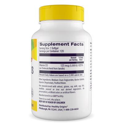 Витамин D3 в масле МСТ Healthy Origins Vitamin D3 in MCT Oil 5000 МЕ, 120 гелевых капсул
