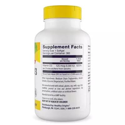 Вітамін D3 в олії МСТ Healthy Origins Vitamin D3 in MCT Oil 5000 МО, 360 гелевих капсул