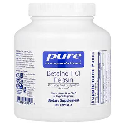 Бетаина гидрохлорид + пепсин Pure Encapsulations Betaine HCL + Pepsin, 250 капсул