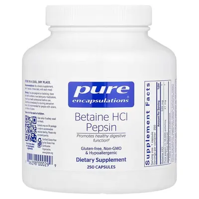 Бетаїну гідрохлорид + пепсин Pure Encapsulations Betaine HCL + Pepsin, 250 капсул