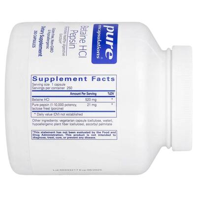 Бетаина гидрохлорид + пепсин Pure Encapsulations Betaine HCL + Pepsin, 250 капсул