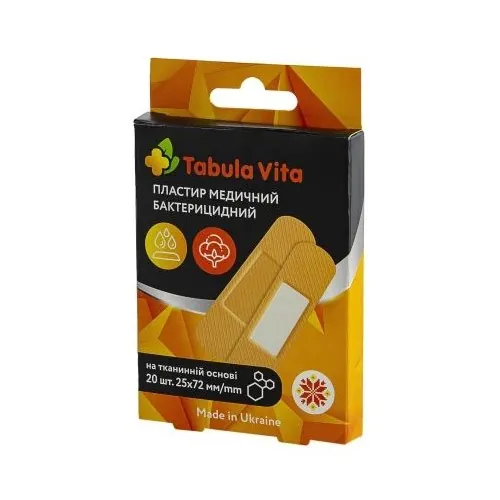 Пластир Tabula Vita бактерицидний на тканинній основі, 25 x 72 мм, 20 штук
