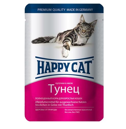Корм влажный Happy Cat для кошек с тунцом кусочки в желе, 100 г