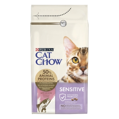 Корм сухой для кошек Purina Cat Chow Sensitive с чувствительным пищеварением и кожей, с лососем, 1,5 кг