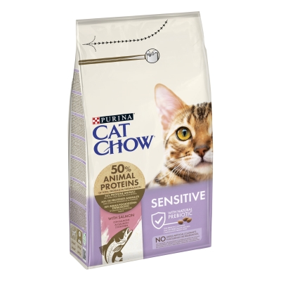 Корм сухой для кошек Purina Cat Chow Sensitive с чувствительным пищеварением и кожей, с лососем, 1,5 кг